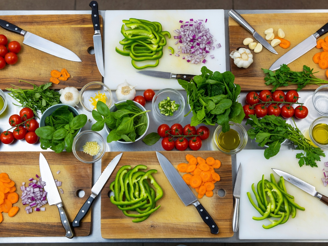 A busy kitchen prep surface with fresh ingredients, cutting boards, and knives viewed from above