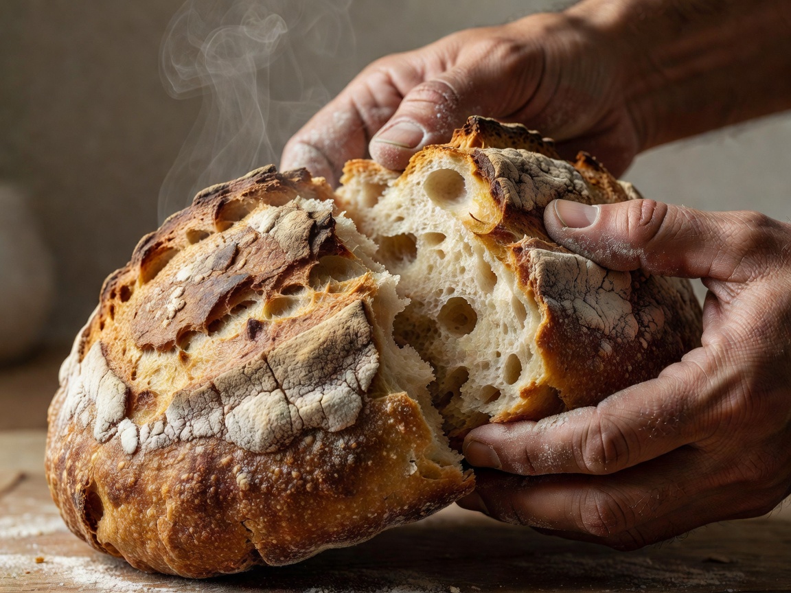 A close up of a crusty loaf of bread being broken