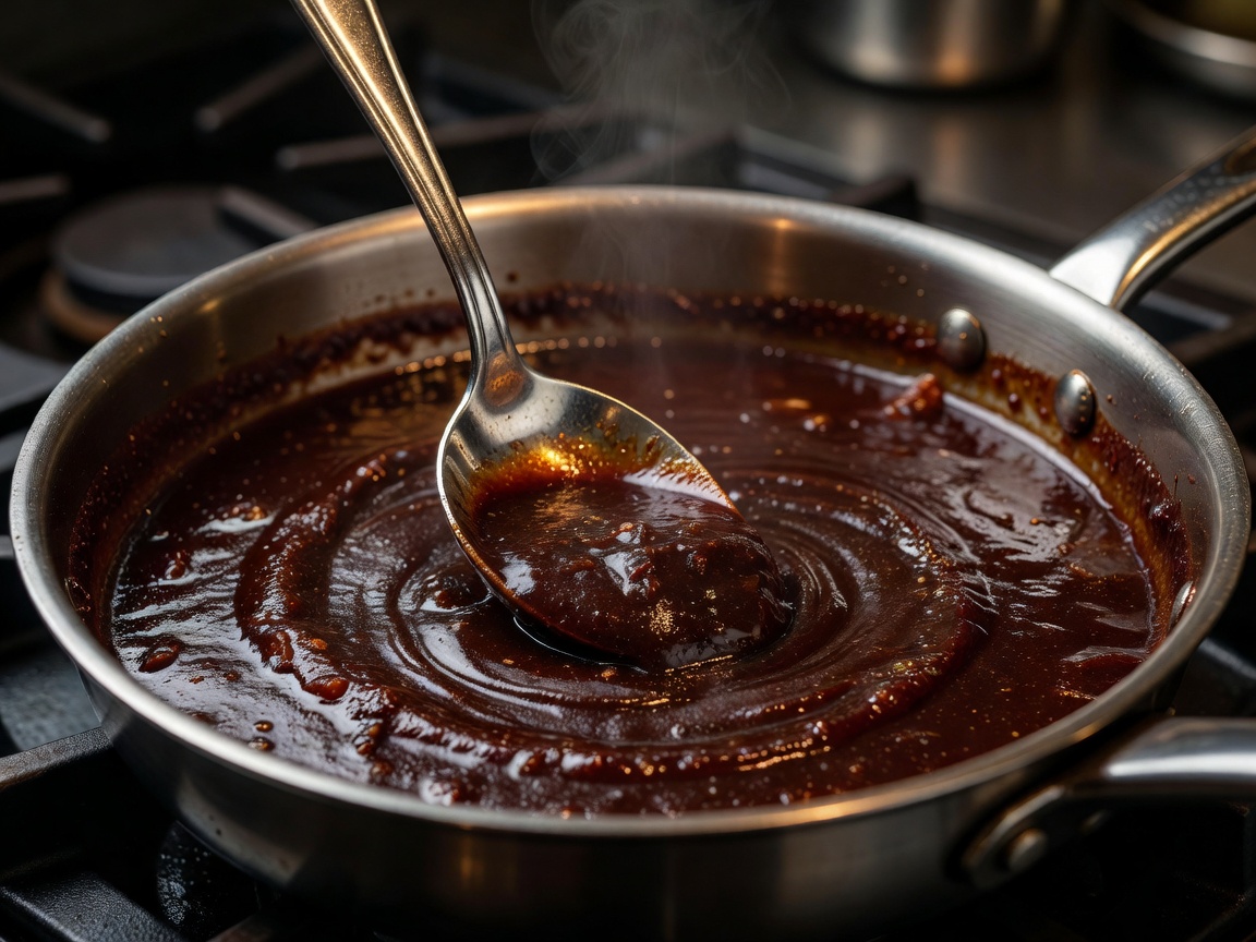 A dark, rich pan sauce being stirred with a spoon