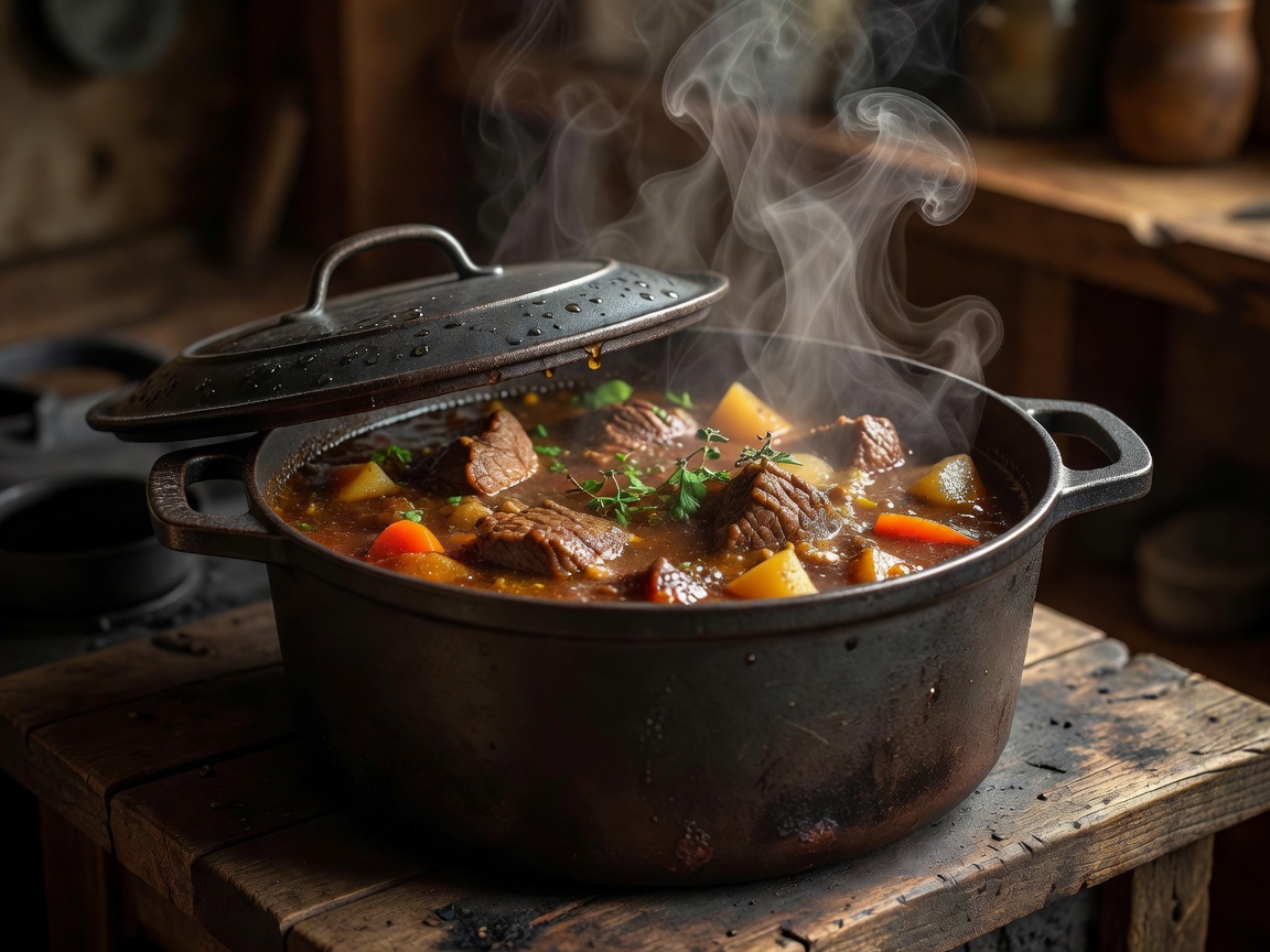 A heavy pot with a lid simmering a rich stew