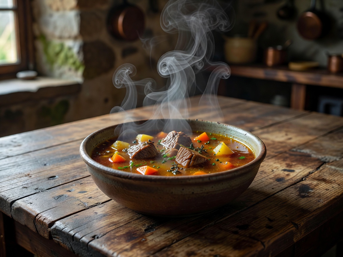 A steaming bowl of rich soup on a rustic table