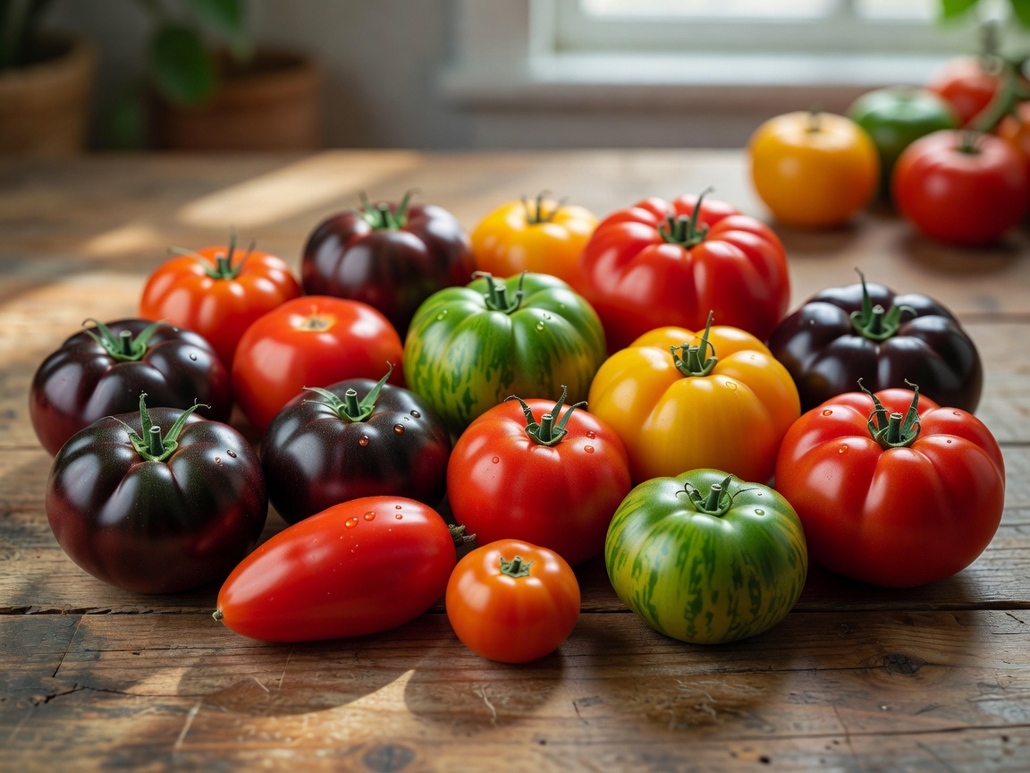 A variety of ripe, colourful heirloom tomatoes