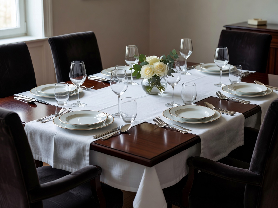 An empty dining table set for a meal