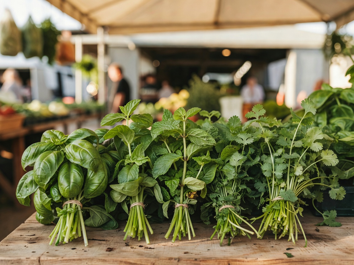 Bunches of fresh herbs including basil, mint, and cilantro