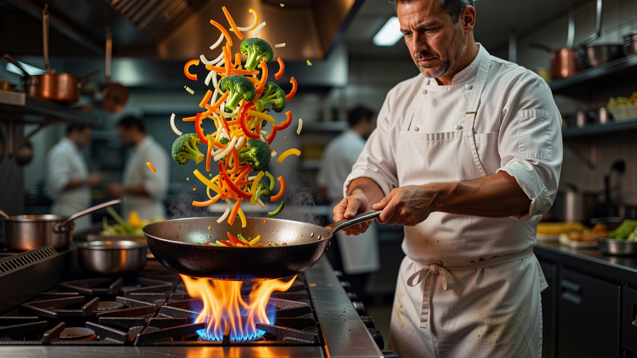 Chef tossing vegetables in a metal skillet over an open gas flame