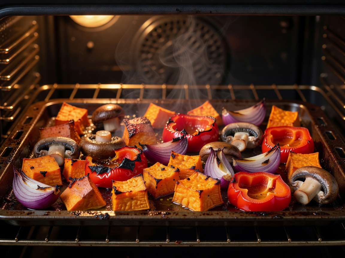 Root vegetables roasting on a tray in an oven