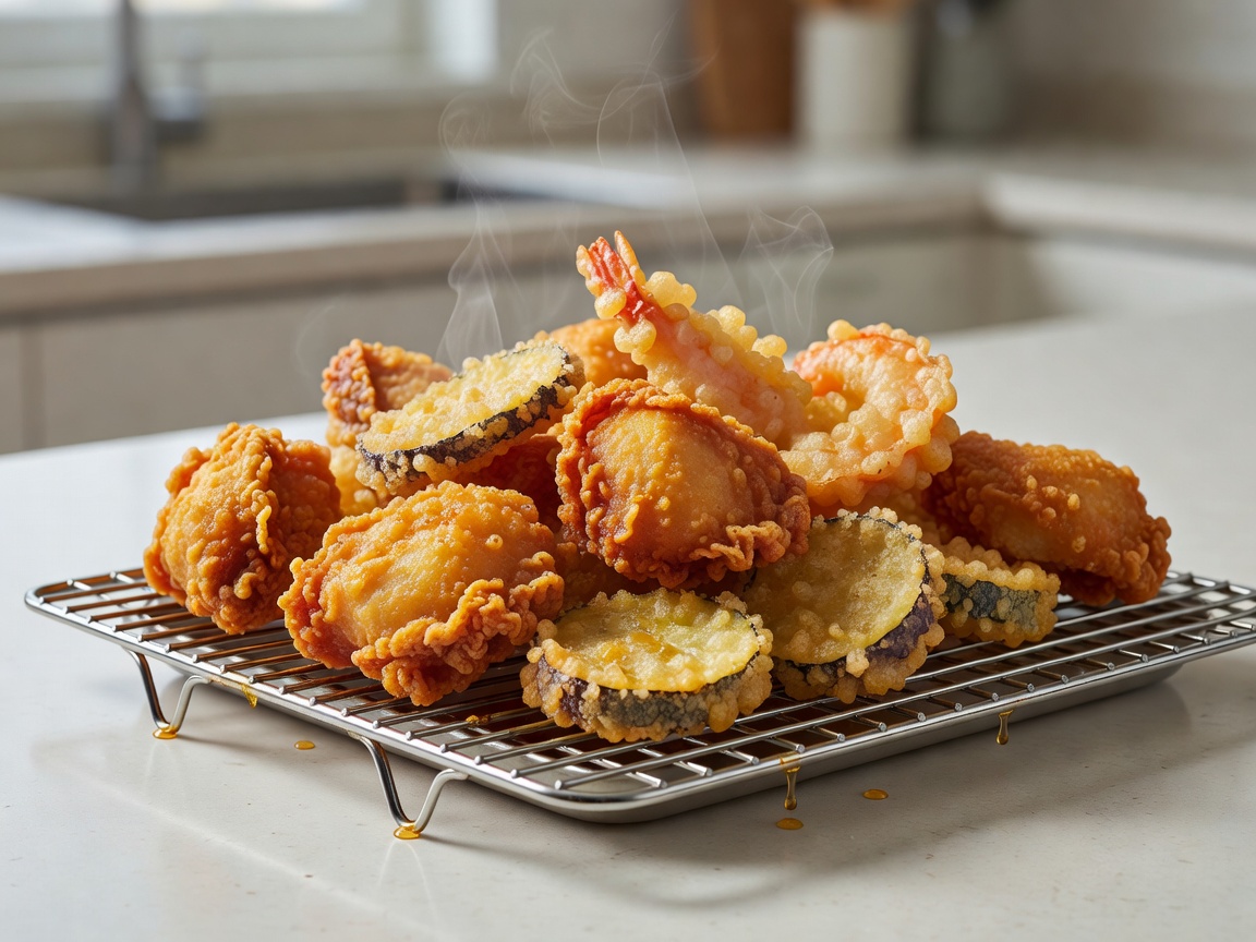 Crispy fried food cooling on a wire rack
