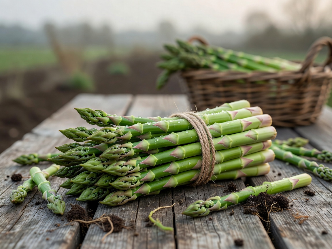 Freshly harvested spring asparagus bundled on a table
