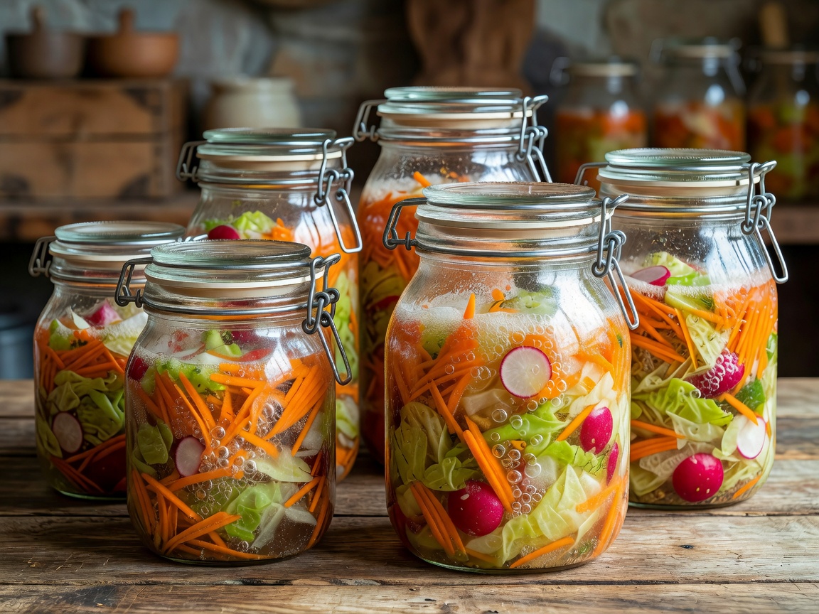 Glass jars containing bubbling fermented vegetables