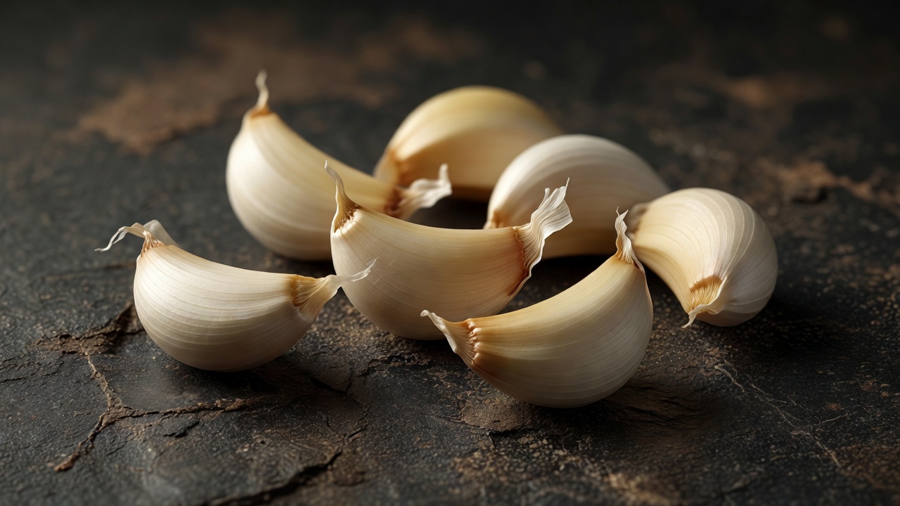 Macro shot of garlic cloves resting on a textured dark surface
