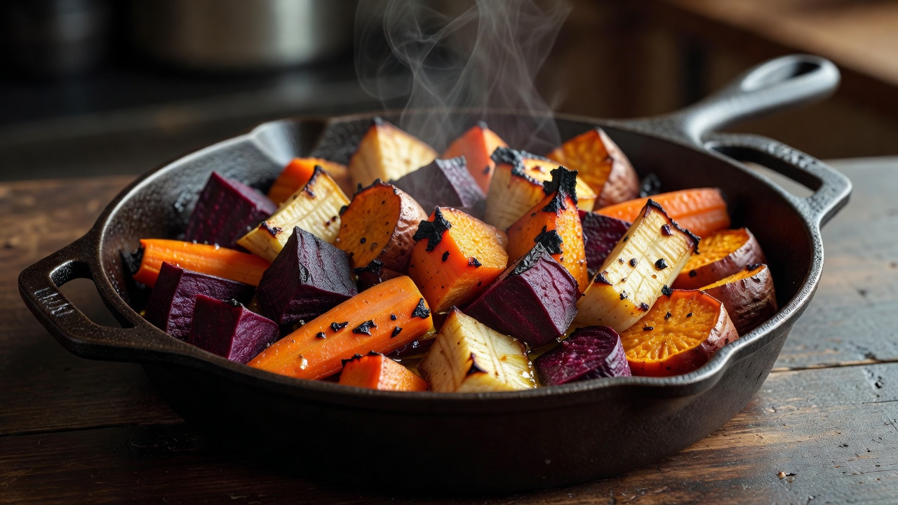 Root vegetables with beautifully charred and roasted edges on a pan