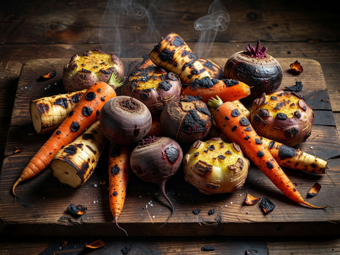 Root vegetables with charred edges
