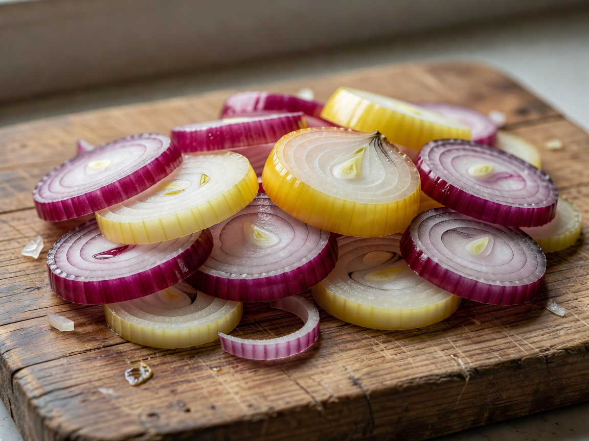 Sliced red and yellow onions on a wooden board