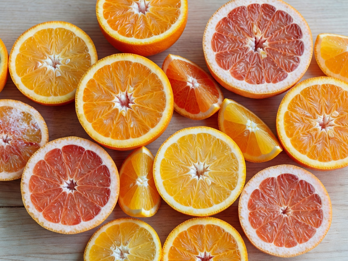 Slices of various bright winter citrus fruits including oranges and grapefruits