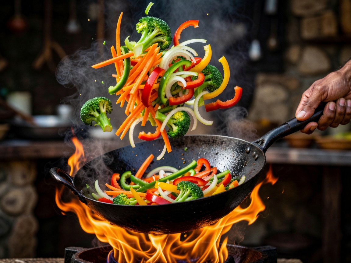 Vegetables being tossed in a hot pan over a flame