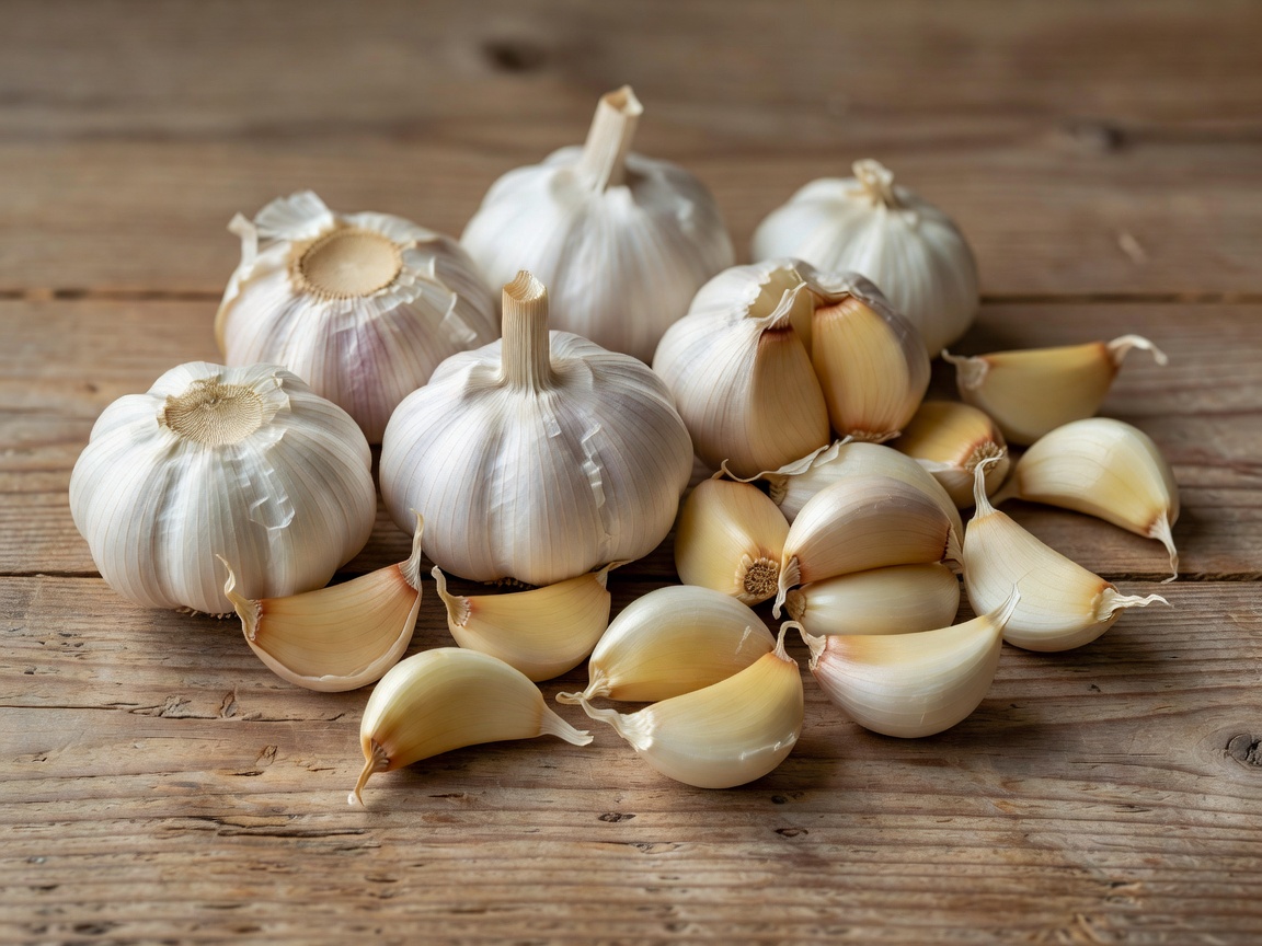 Whole garlic bulbs and separated cloves on a wooden surface