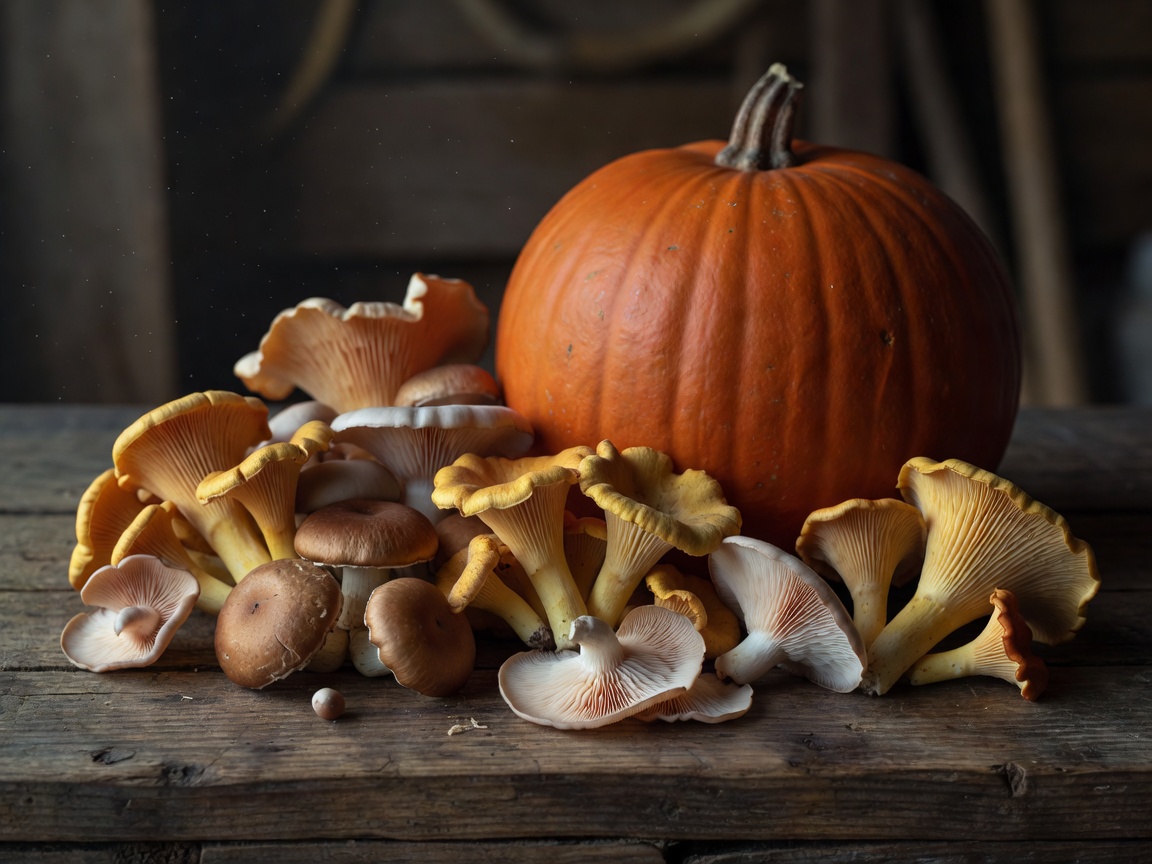 Wild mushrooms and a whole pumpkin on a rustic surface